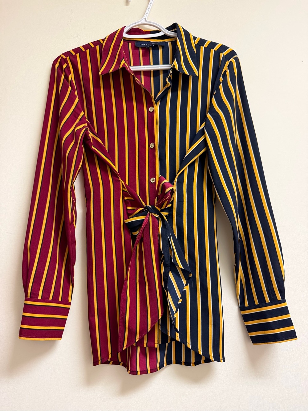 Tommy Hilfiger Two-Tone Striped Tie-Front Blouse in Burgundy, Navy Small